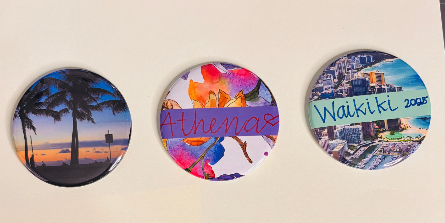 Custom Round Combo Set – 2.25” - Set of 9 (3 Pins, 3 Mirrors, 3 Bottle openers)